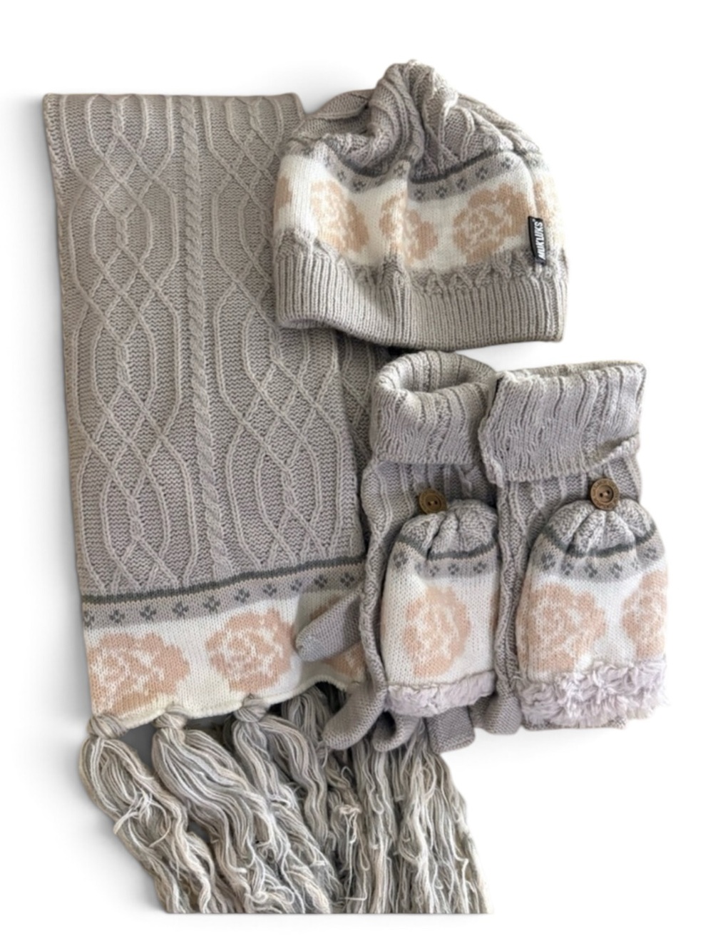 Muk Luks Gray and Cream Knit Scarf Hat and Fingerless Gloves Set